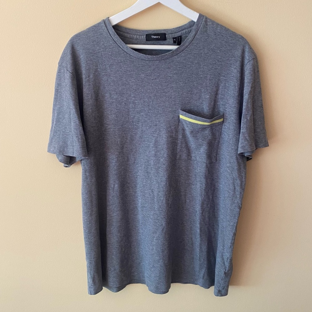 Theory Mens Gray Short Sleeve Pocket T-Shirt Pima Cotton yellow stripe Crew Neck